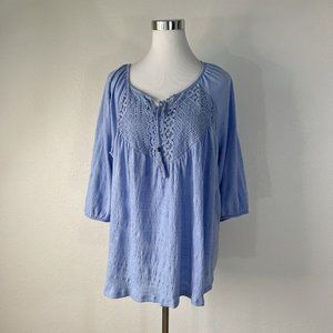 Faded Glory Womans Blouse Top 2X 18W  20W Blue 3/4 Sleeve Embroidered Tassels